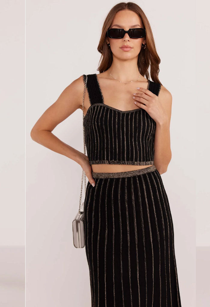 Minkpink Celia Lurex Stripe Midi Skirt-Black/Champagne