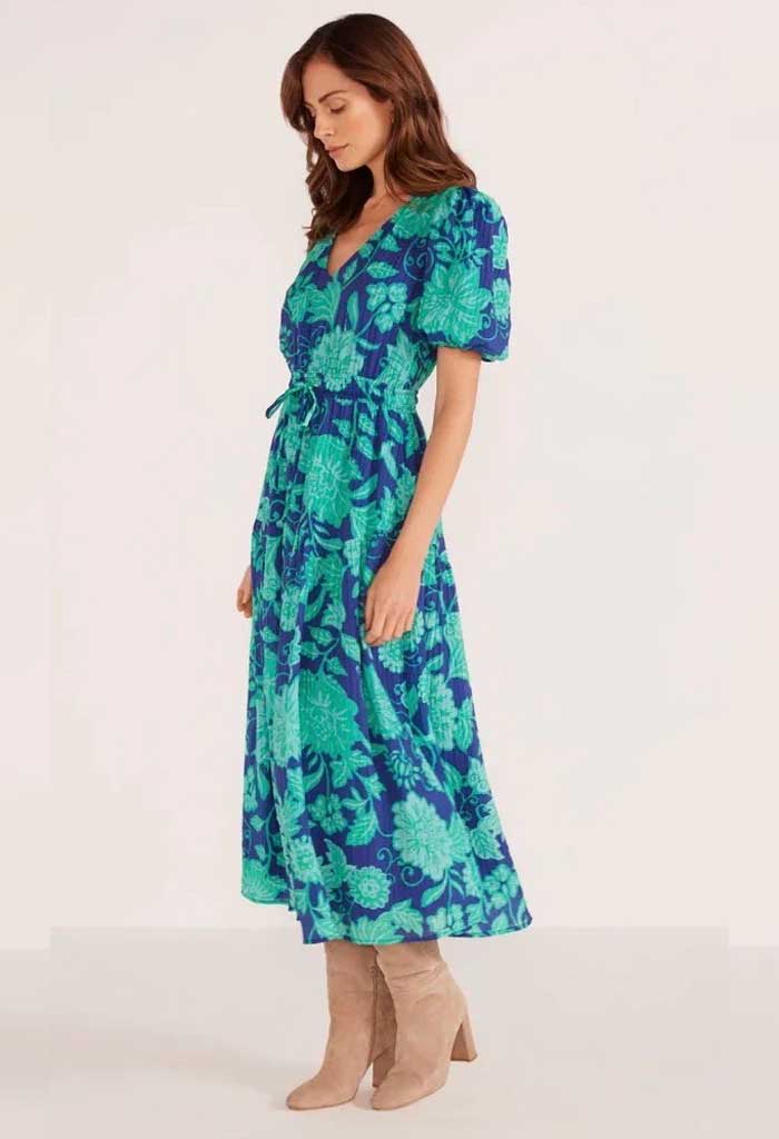 Minkpink Connie Puff Sleeve Midi Dress-Mint/Navy Floral