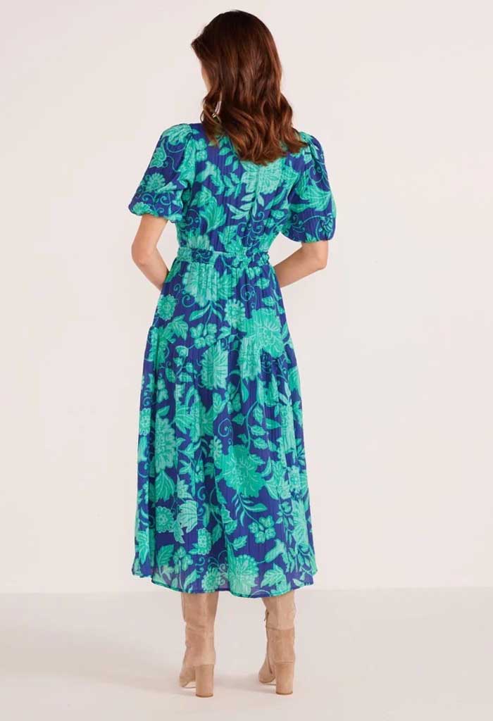 Minkpink Connie Puff Sleeve Midi Dress-Mint/Navy Floral