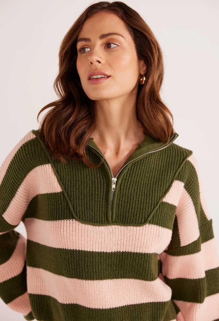 Minkpink Darcy 1/4 Zip Knit Jumper-Khaki Stripe