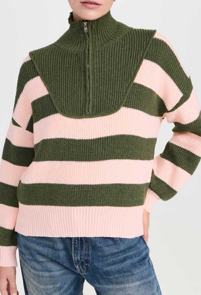 Minkpink Darcy 1/4 Zip Knit Jumper-Khaki Stripe