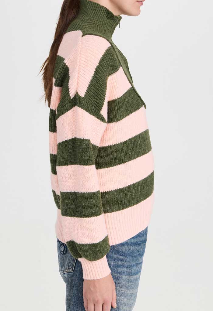 Minkpink Darcy 1/4 Zip Knit Jumper-Khaki Stripe