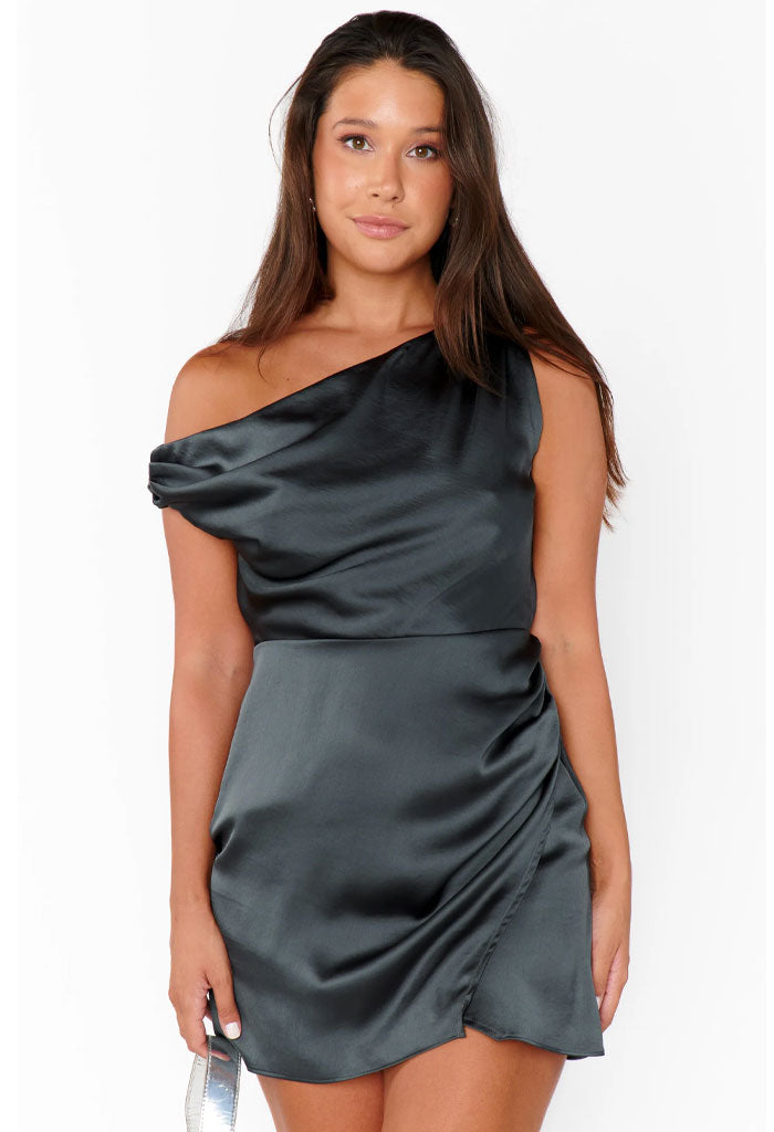 Show Me Your Mumu JODIE MINI DRESS - GUNMETAL HAMMERED SATIN