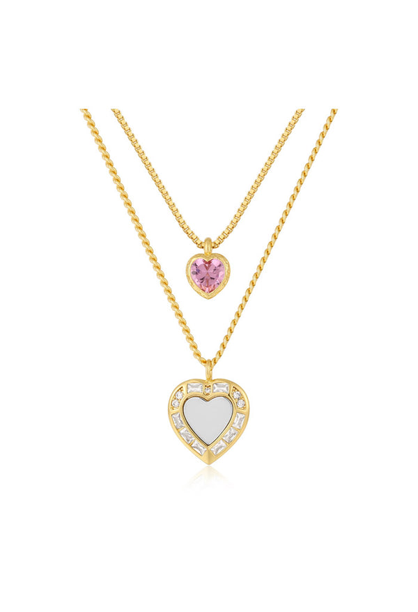 Double Heart Charm Necklace-Pink