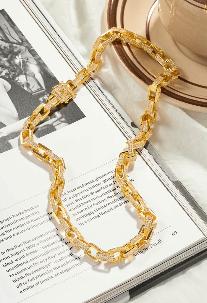Luv AJ Boxy Pave Chain Necklace-Gold