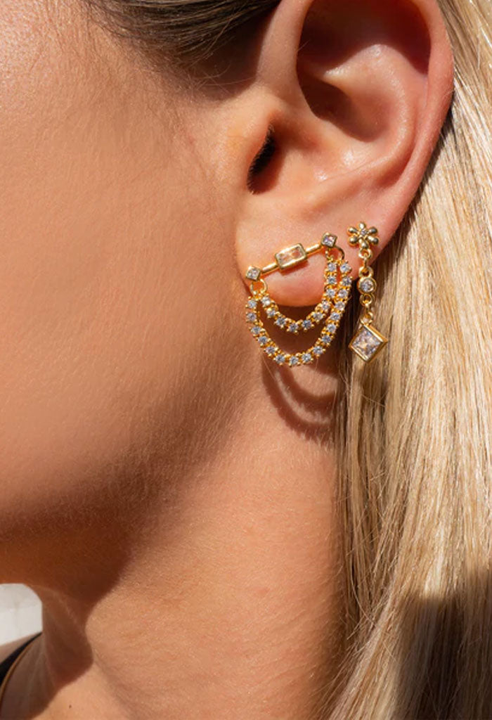 Baguette Stud with Curb Chain - Gold Earrings - EarStylist by Jo