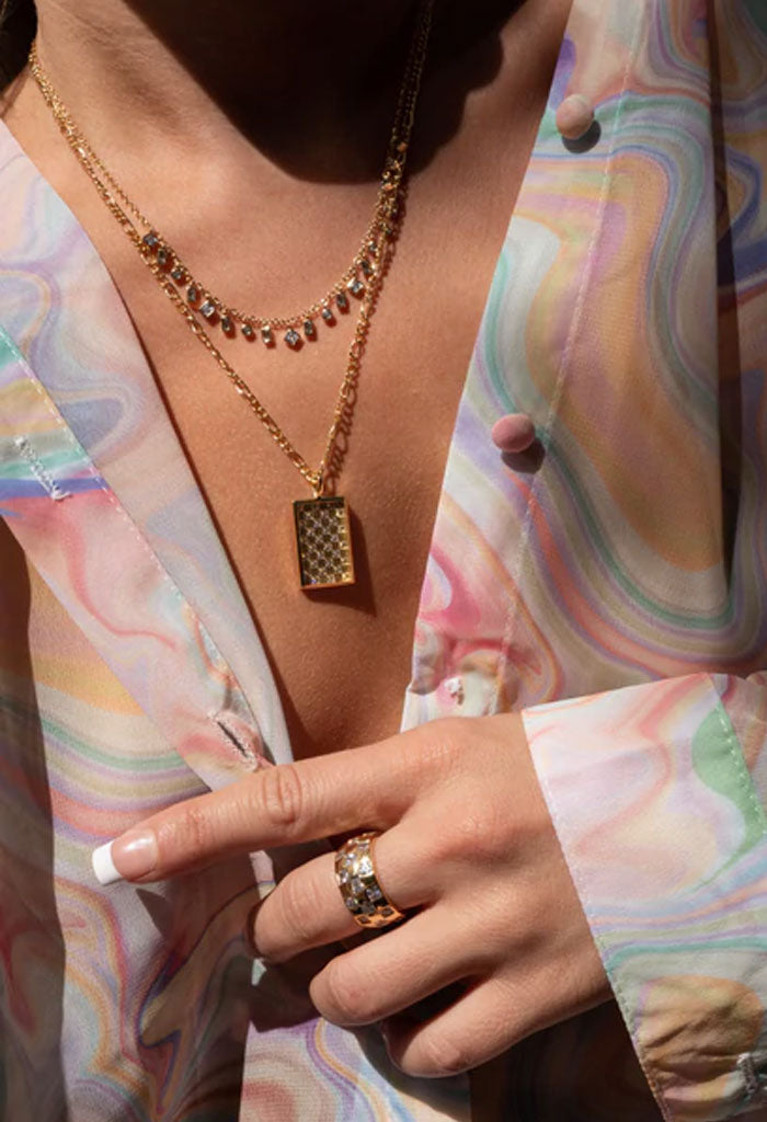 Luv AJ Checkerboard Dog Tag Necklace-Gold